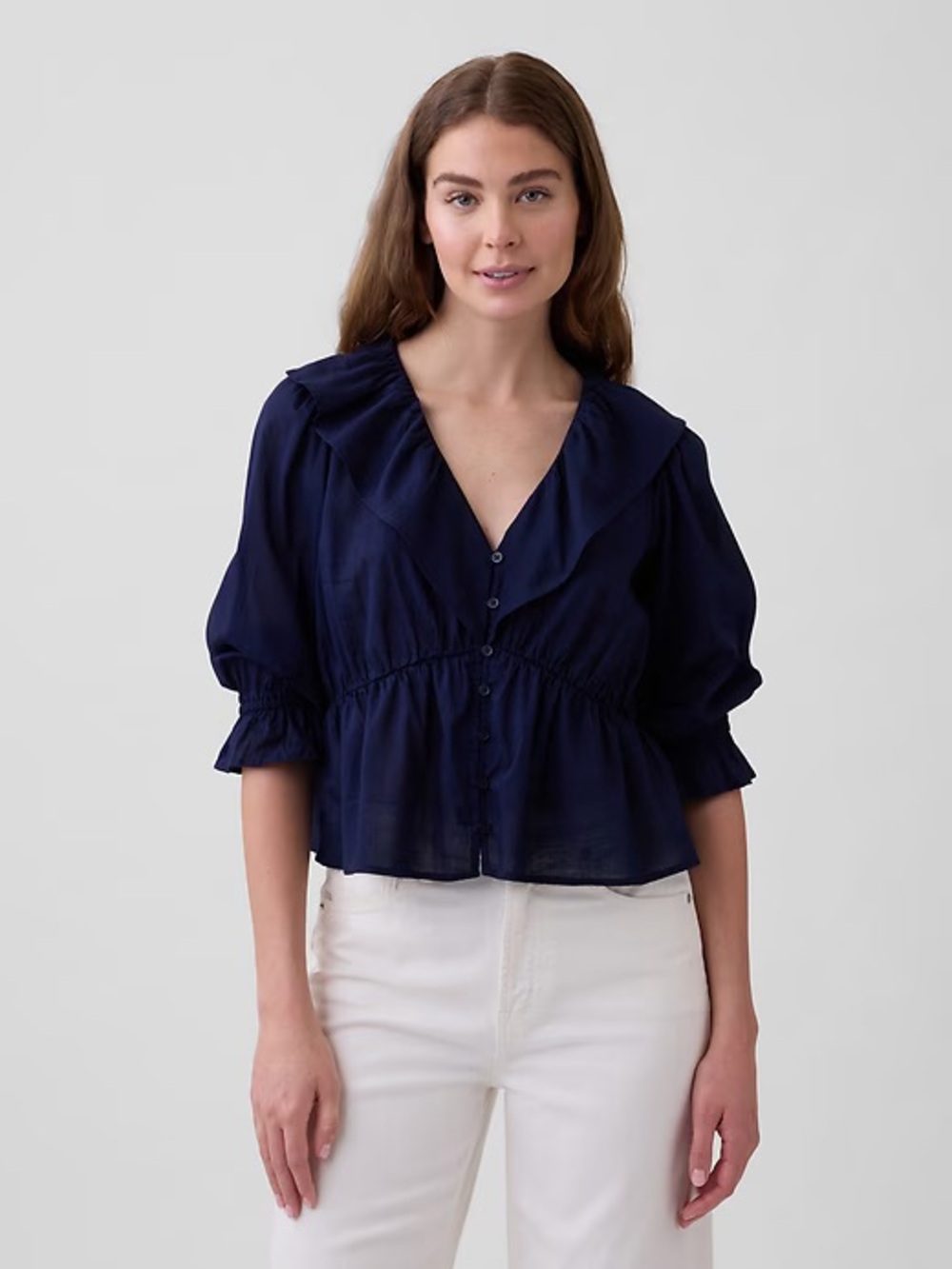 NWT GAP Navy Button-Front V-Neck Ruffle Peplum Blouse, size XL